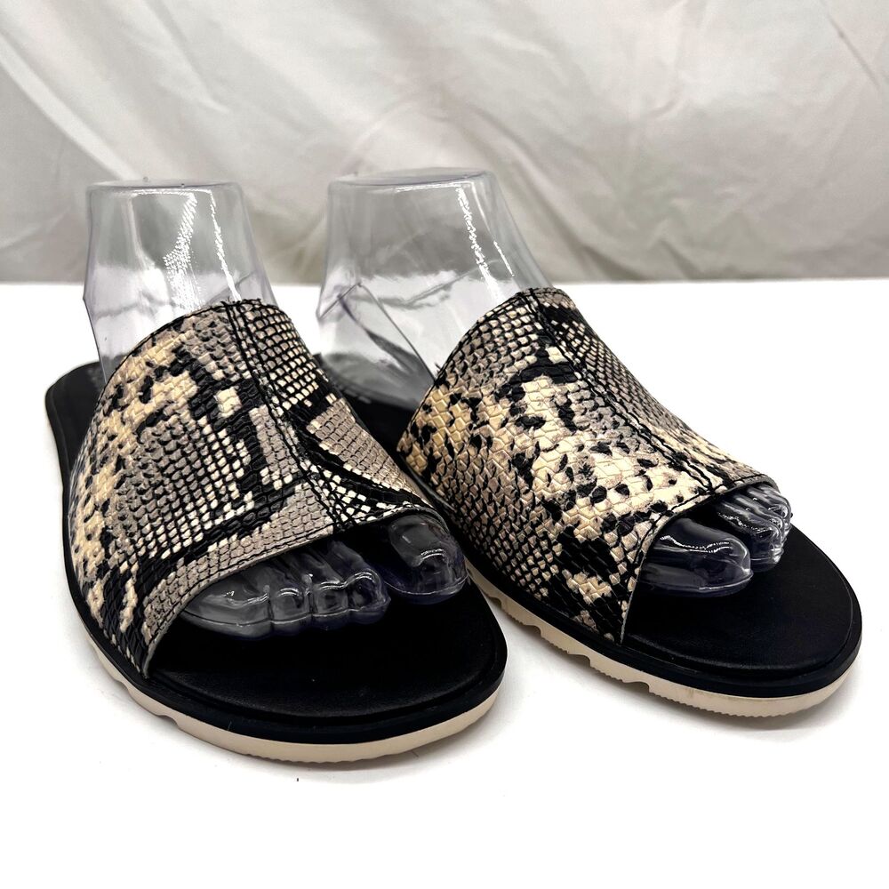 Sorel Womens Ella II Slide Sandals Size 9.5 Black Gray Snakeskin Print Leather